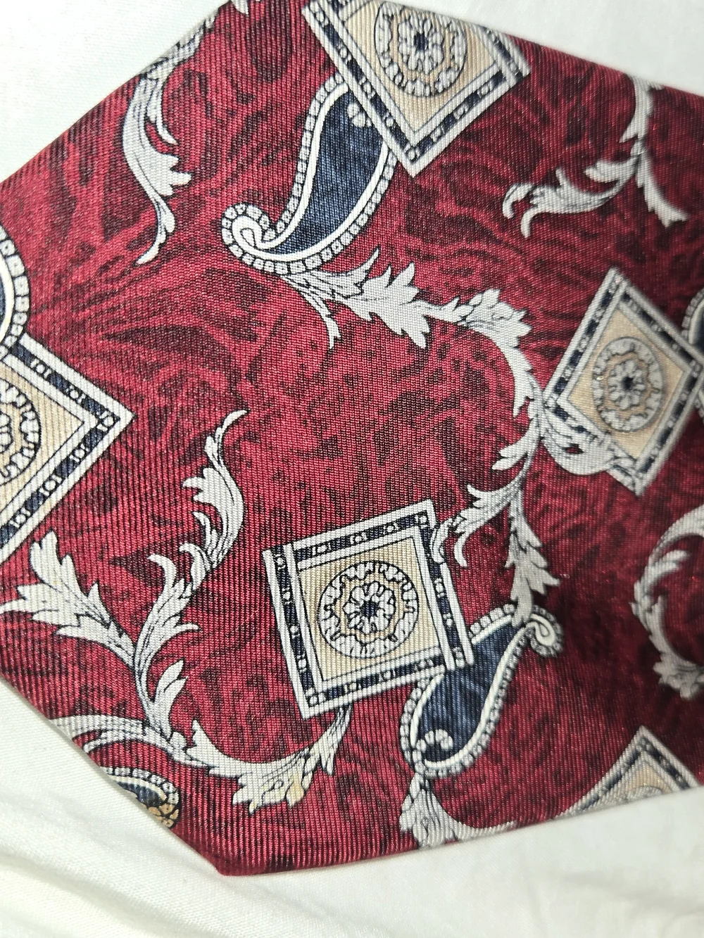 : Vintage Pierre Cardin 100% Silk Tie Burgundy Green Khaki Cream Geometric 59